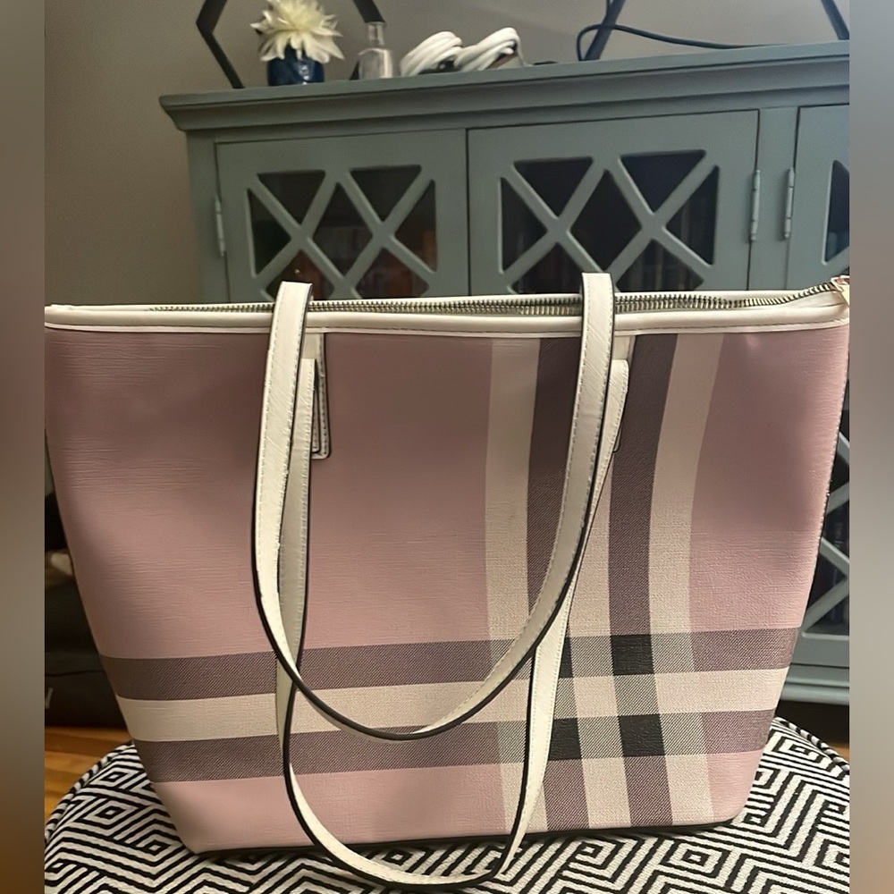 Pink Plaid Shoulder Tote Bag with Cream Trim